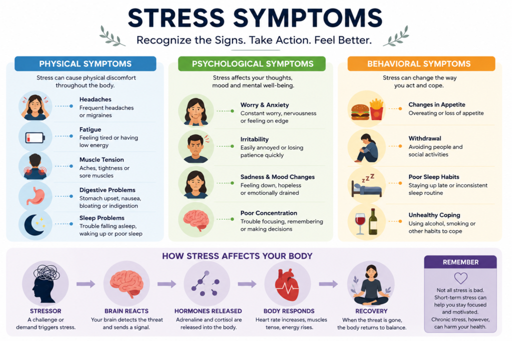 stress symptoms infographic showing physical psychological and behavioral effects