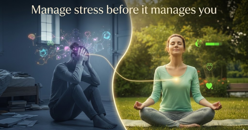 Managing stress through meditation and relaxation while overcoming feelings of stress