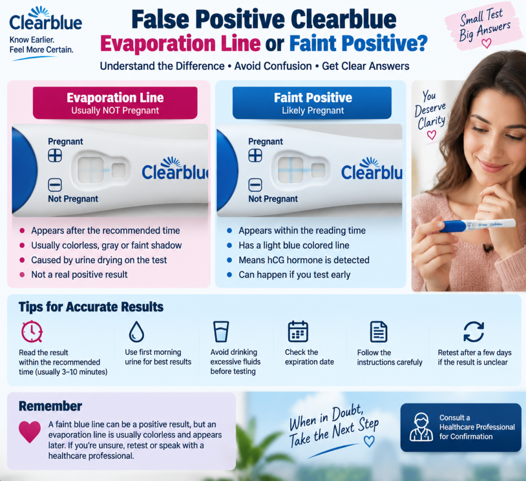 Confused between a Clearblue evaporation line and a faint positive pregnancy test? Learn how to identify the difference, what faint blue lines mean, and when to retest.